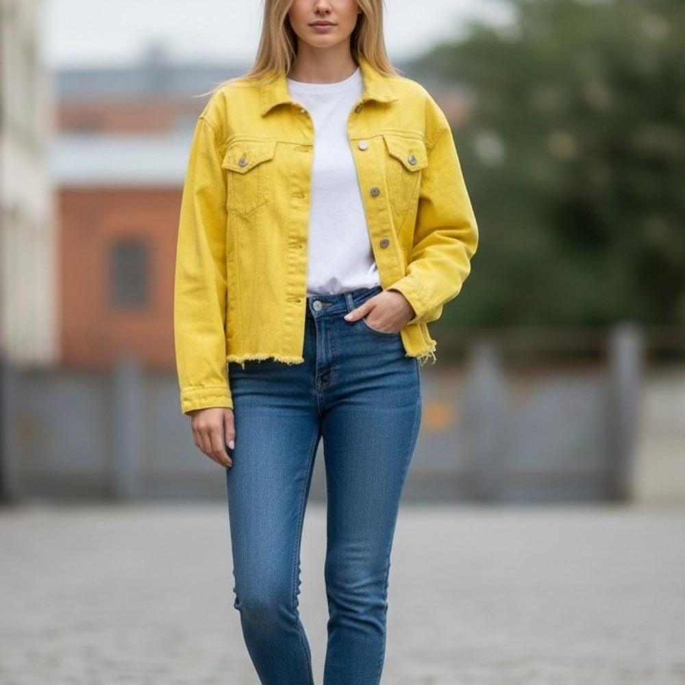 Unbranded Denim Jacket Small Women Yellow Excellent Raw Hem Button Up Trucker